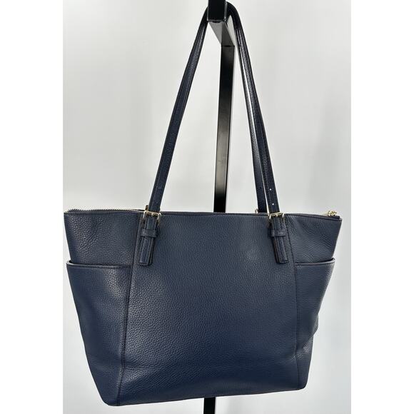 Michael Kors Jet Set Large Navy Pebbled Leather Tote Shoulder Bag Gold - Picture 5 of 7